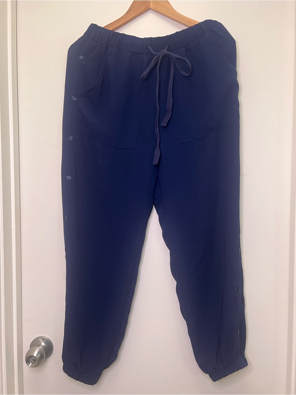 Doe & Rae Navy Button Side Jogger Pants | Casual Chic Pull On Trousers - Picture 2 of 10